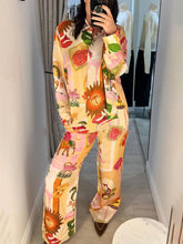 Unique Printed Casual Shirt Top and Elastic Waist Loose Pants Set